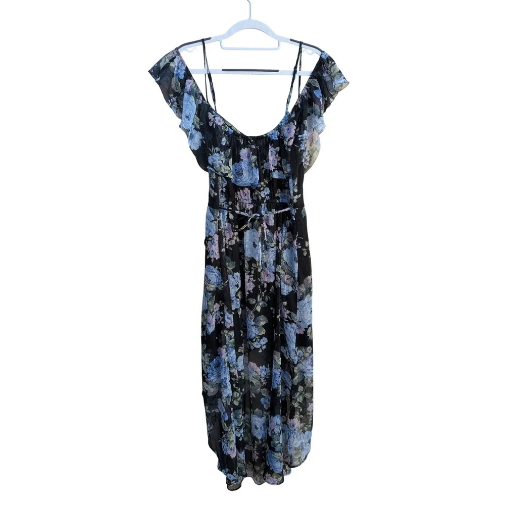Abercrombie Fitch Black Floral Chiffon Ruffle‎ High Low Maxi Dress Size Small